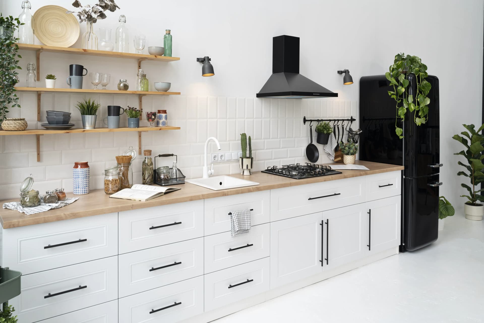 Cuisine moderne avec des tiroirs à coulisse et des étagères modulaires Cuisine moderne avec des tiroirs à coulisse et des étagères modulaires